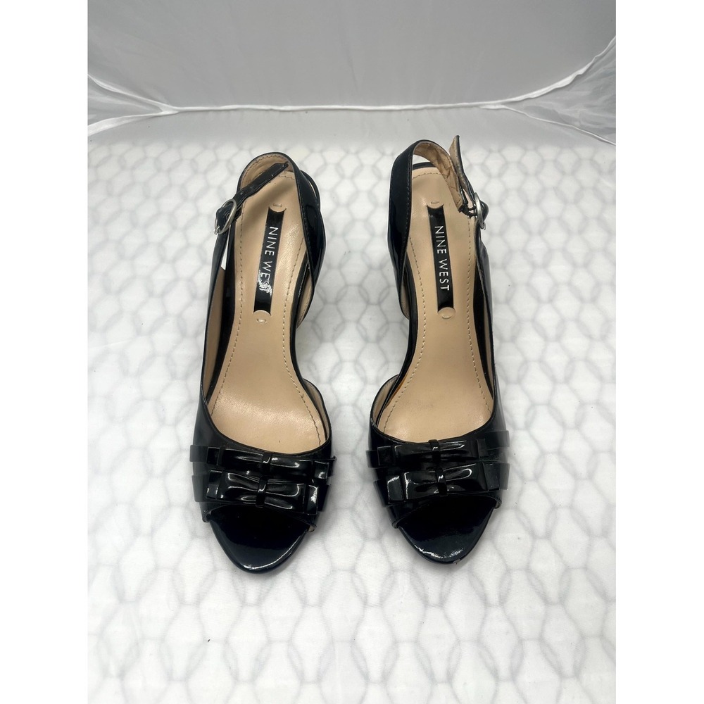 Nine West Women's Slingback 7.5M Black Patent Bow Peep Toe Casual‎ Stiletto Heel
